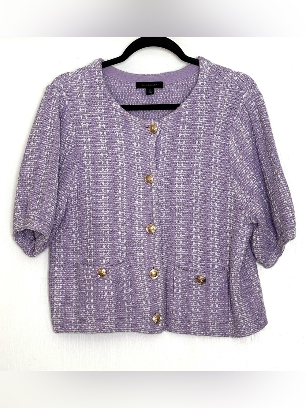 Ann Taylor Lavender Tweed Short Sleeve Cardigan Jacket Size LP Petite
